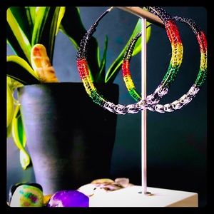 2.5” Handmade Rasta  News Crocheted Hoop Earrings